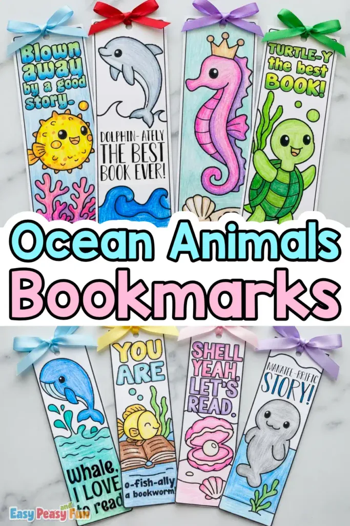 Four colored bookmarks featuring a whale, fish, clam, and manatee with ribbon tops.