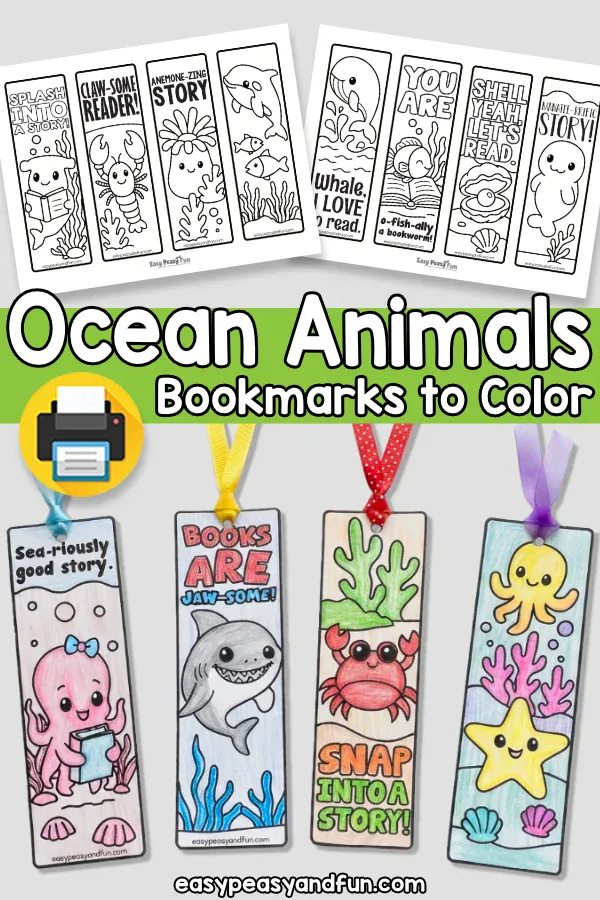 Printable bookmark designs, including black-and-white templates and a finished set of four colored-in ocean animal bookmarks with ribbons.