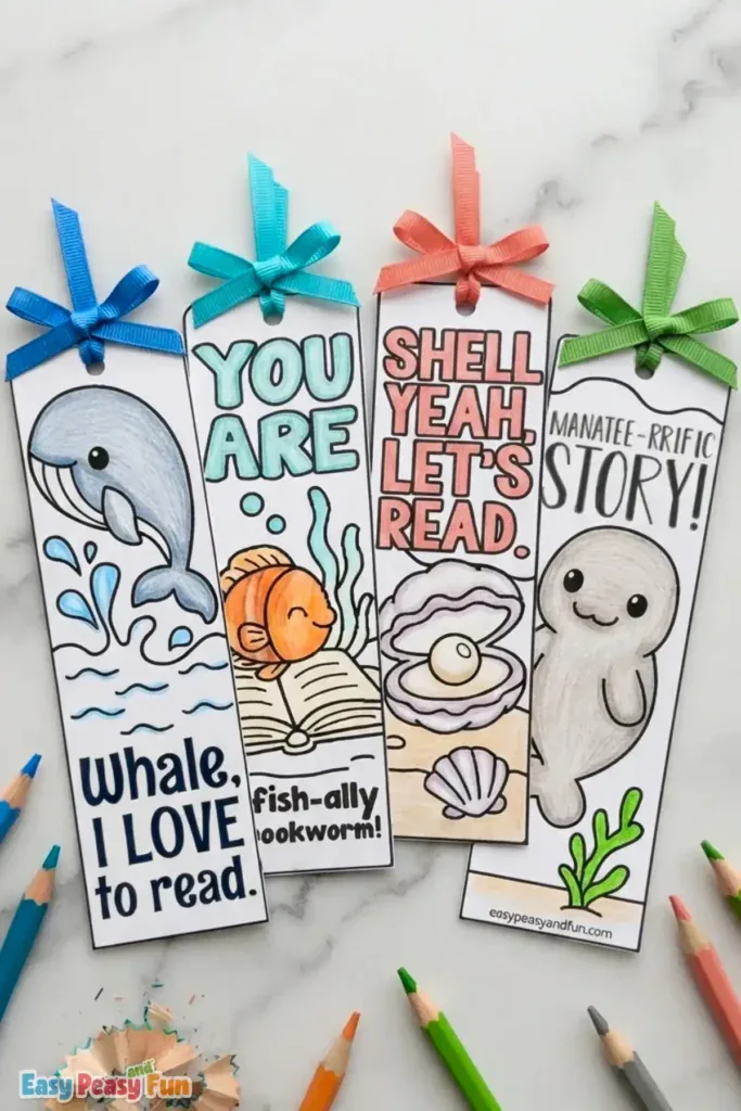 Four colored bookmarks featuring a whale, fish, clam, and manatee with ribbon tops.