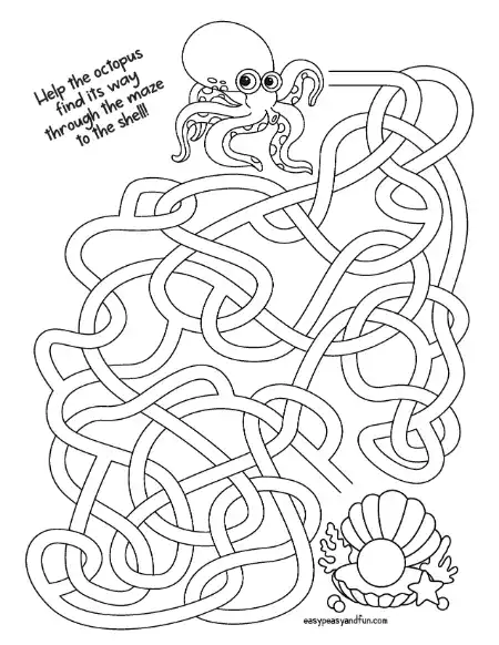 Octopus at the top left with tangled squiggly lines leading to a seashell and starfish at the bottom right.