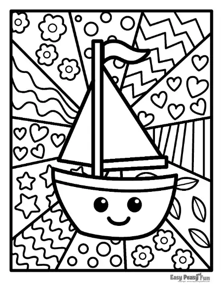 A smiling sailboat with a triangular sail centered among background sections containing hearts, stars, flowers, zigzags, waves, and stripes.