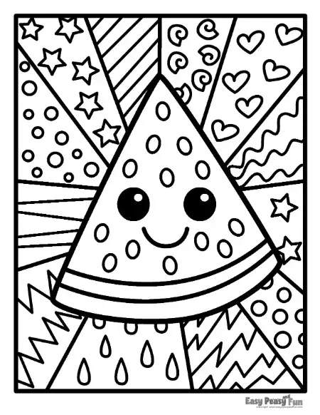 A cartoon watermelon slice with a smiling face centered among background sections filled with stars, hearts, zigzags, circles, raindrops, and wavy lines.