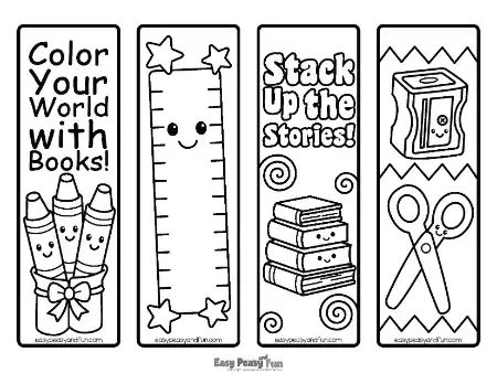 Four bookmarks: three ribboned crayons, a ruler, stacked books with swirls, scissors, and pencil sharpener.