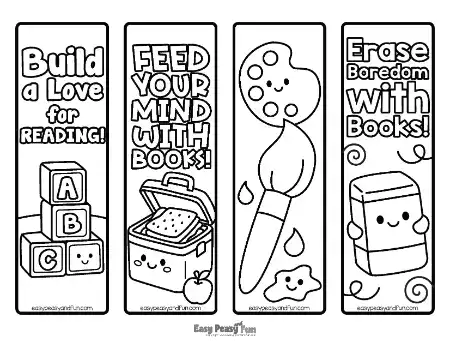 Black and white bookmarks featuring ABC alphabet blocks, packed lunch box, paintbrush with paint palette, and a smiling eraser.