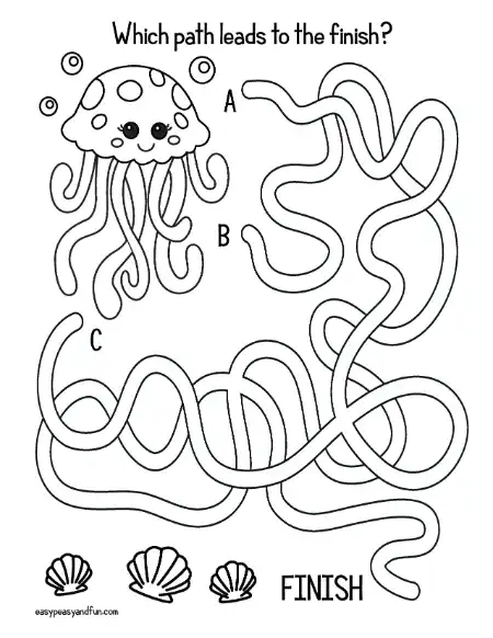 Jellyfish character with three labeled squiggly paths A, B, and C leading toward seashells and a finish label.