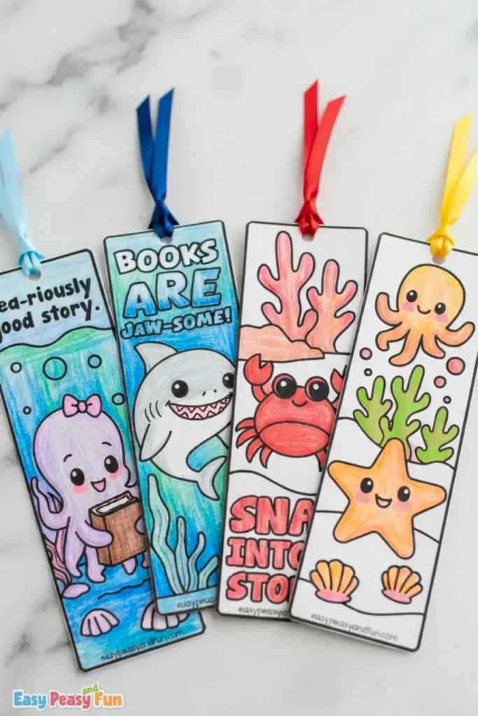 Four colored bookmarks featuring an octopus, shark, crab, and starfish with ribbon tops.