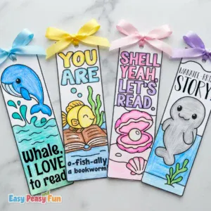 Four colored bookmarks featuring a whale, fish, clam, and manatee with ribbon tops.