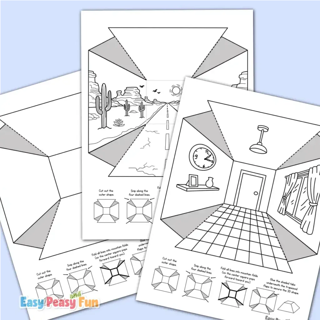 A stack of three black-and-white printable worksheets featuring different 3D perspective scenes.
