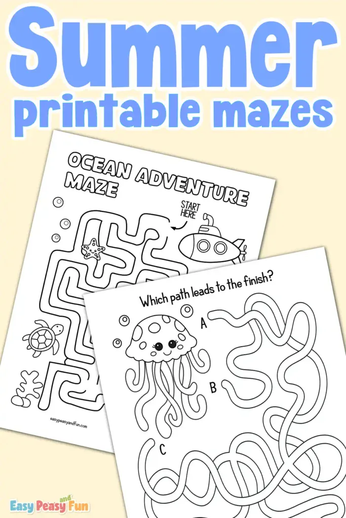 Two printable maze pages: an ocean adventure maze and a jellyfish path maze.