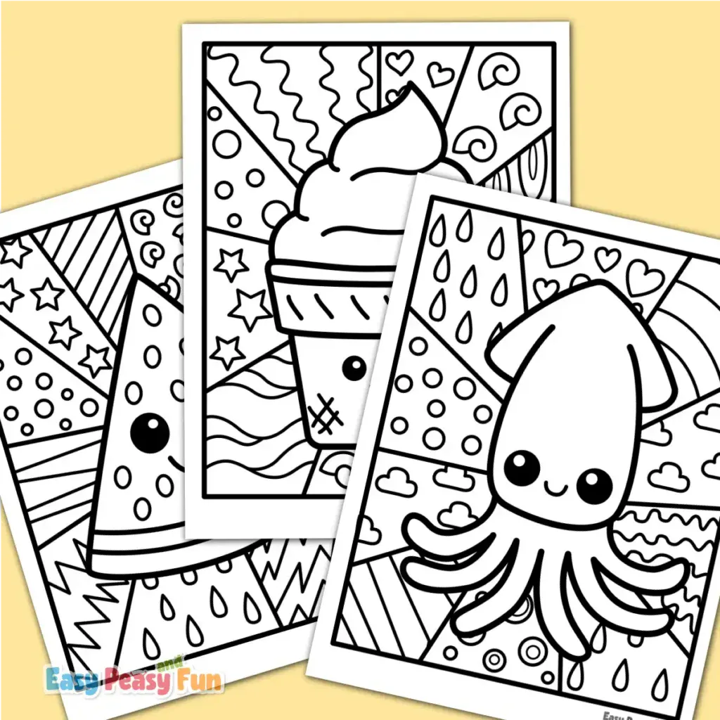 Three black‑and‑white coloring pages showing a smiling watermelon slice, a smiling ice cream cup, and a smiling squid, each surrounded by patterned background sections.