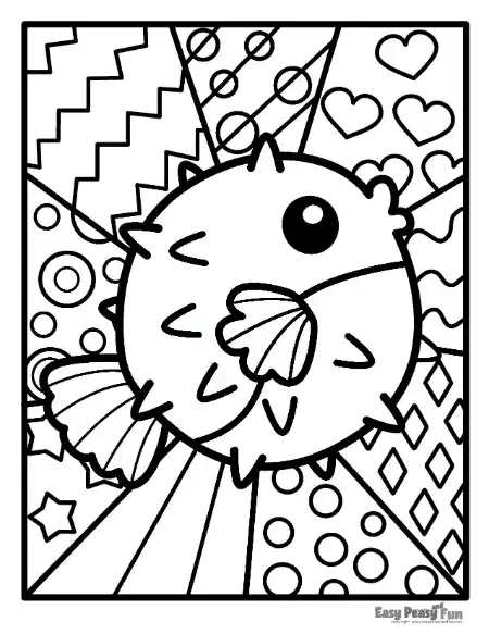 A round pufferfish with spikes and a large eye surrounded by background sections filled with zigzags, hearts, circles, diamonds, stars, and stripes.