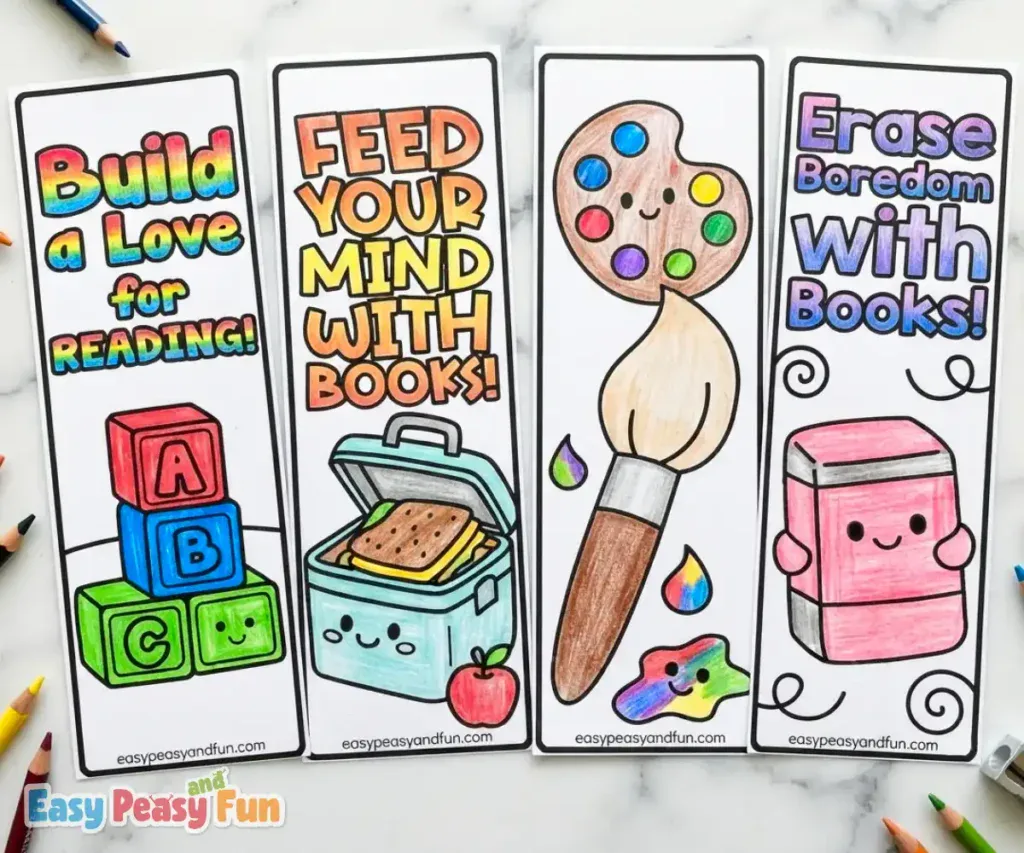 Four paper bookmarks featuring alphabet blocks, a lunchbox with a sandwich, an artist paint palette and brush, and a smiling pink eraser.