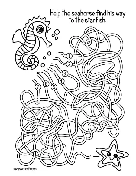 Seahorse at the top left with seven numbered squiggly lines leading toward a starfish at the bottom right.