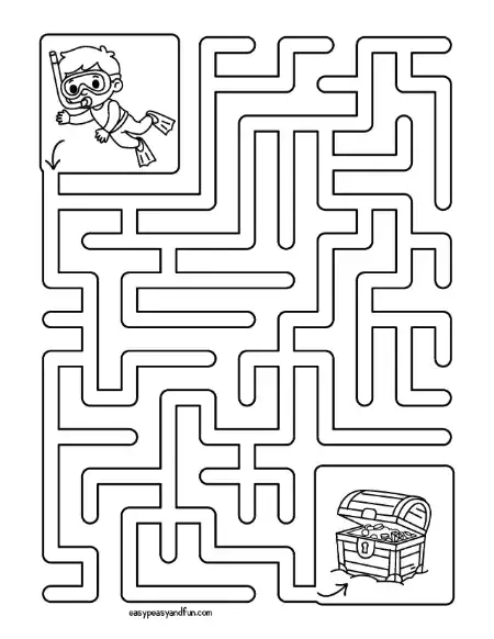 Rectangular maze with a snorkeling boy in a box at the top left and a treasure chest in a box at the bottom right.