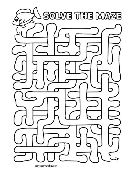 Rounded tube-style maze with a fish illustration at the top next to the words "Solve the Maze."