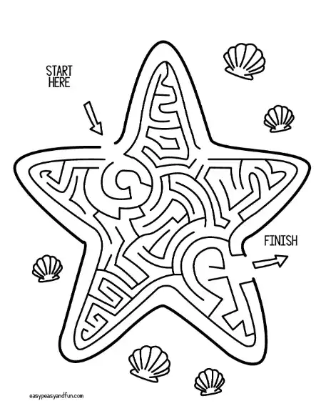 Starfish shaped maze with a swirled center path, start arrow at one point and finish arrow at another, seashells scattered around the page.