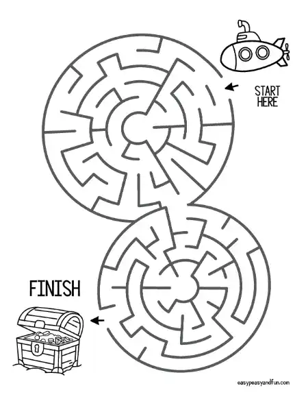 Two stacked circular mazes forming a figure-eight shape, submarine at the top start and treasure chest at the bottom finish.