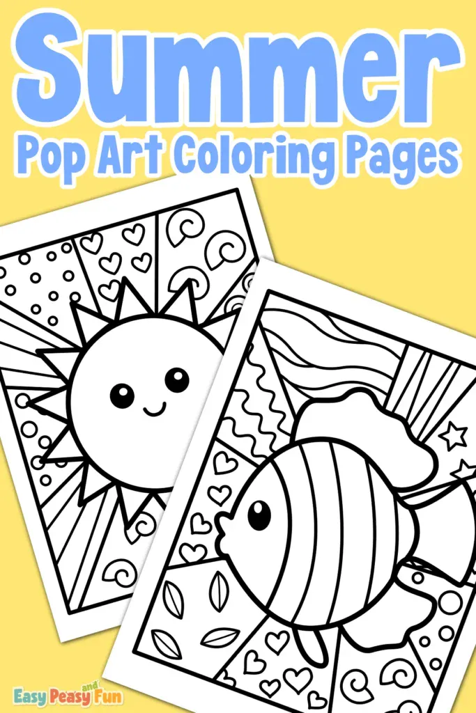 Two black‑and‑white summer pop art coloring pages showing a smiling sun with patterned background sections and a smiling fish.