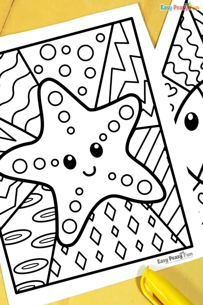 A black‑and‑white coloring page featuring a smiling starfish with circular spots, surrounded by divided background sections filled with geometric patterns.