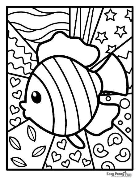 A cartoon fish centered among divided background sections filled with stars, hearts, leaves, waves, and swirls.