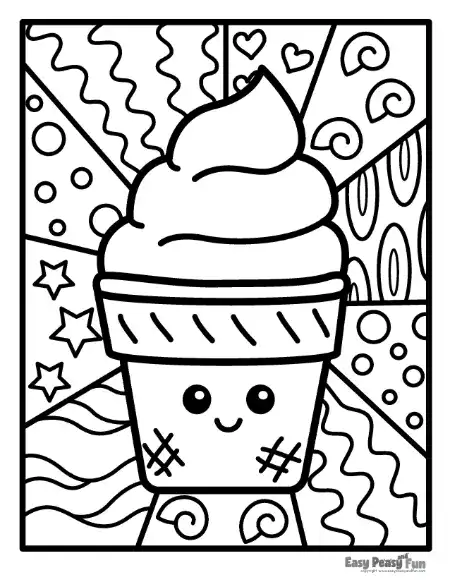 A smiling ice cream cone centered among background sections containing stars, hearts, circles, wavy lines, and loops.
