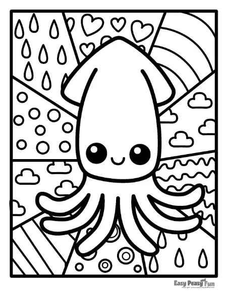 A smiling squid with spread tentacles centered among background sections containing hearts, raindrops, circles, clouds, waves, and stripes.