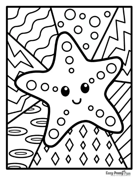 A cartoon starfish with circular spots surrounded by divided background sections filled with zigzags, waves, circles, ovals, and diamonds.