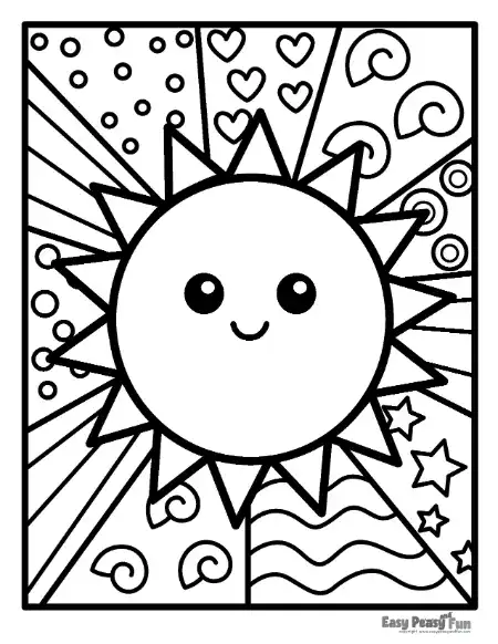 A smiling sun with triangular rays centered among background sections containing hearts, circles, spirals, stars, and wavy lines.