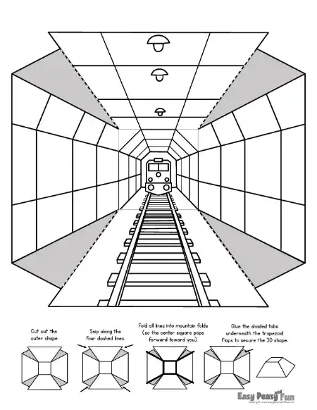 Outline of a train tunnel with tracks and overhead lights, with folding instructions at the bottom.