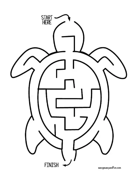 Turtle shaped maze with the path winding through the shell, start arrow at the head and finish arrow at the tail.