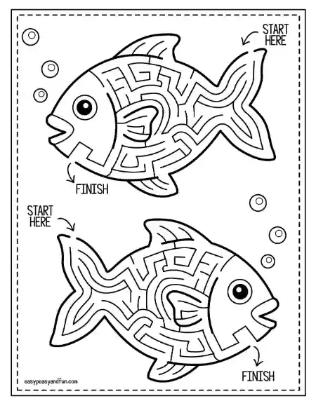 Two fish shaped mazes stacked on the page, each with its own start and finish arrow and bubbles floating nearby.