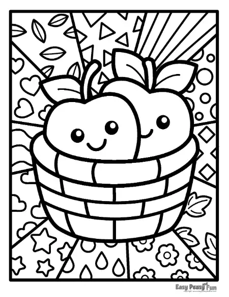 Two smiling apples in a woven basket with pop art design for the background.