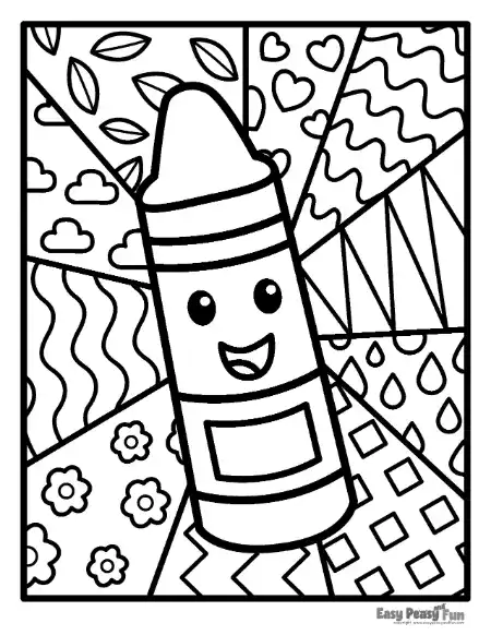 A smiling cartoon crayon standing diagonally, surrounded by background patterns featuring leaves, clouds, wavy lines, flowers, and small squares.