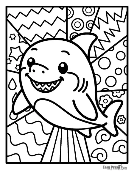 Black and white outline of a smiling baby shark with pointed teeth, centered over a fragmented background of zigzags, circles, and stars.