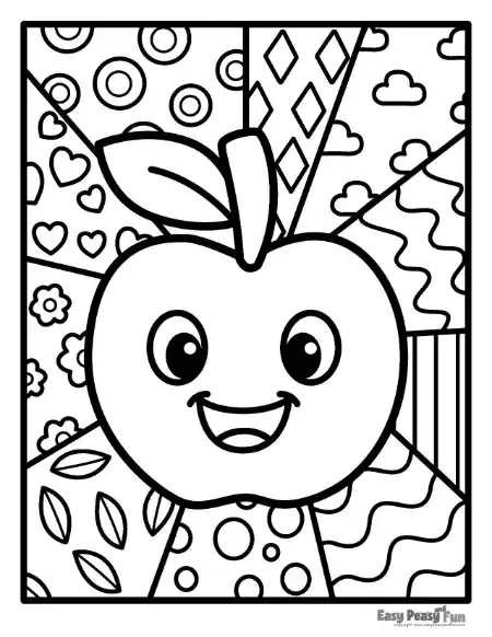 A cheerful cartoon apple with a leaf on top and a wide smile, positioned in the center with background sections featuring loops, diamonds, clouds, and wavy lines.