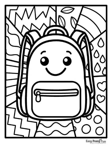 A friendly cartoon backpack with a zipper pocket and a happy face, surrounded by a background of zig zags, leaves, rainbows, water droplets, and hearts.