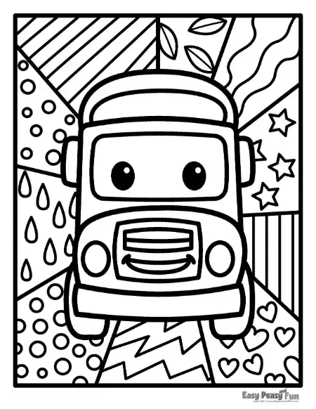 A cute cartoon school bus with a smiling face centered on a page divided into segments filled with stripes, dots, stars, hearts, and leaf patterns.