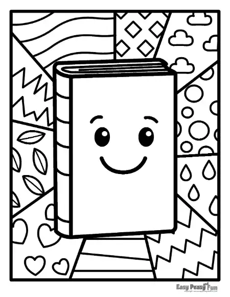 A friendly cartoon book with a smiling face, set against background segments featuring geometric patterns, stripes, and dots.