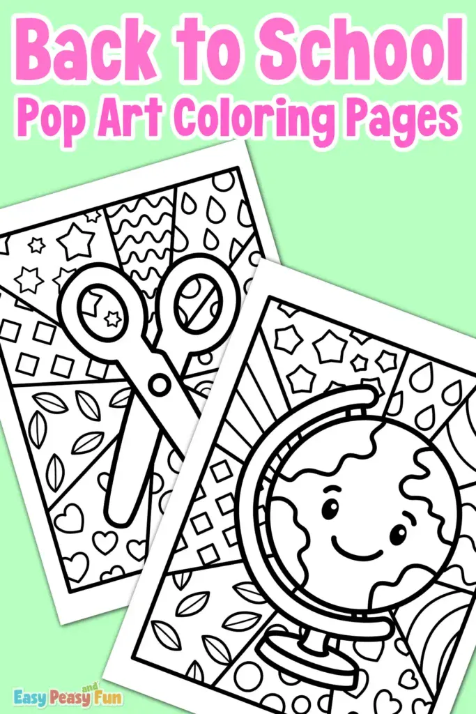 Back to school pop art coloring pages featuring a pair of scissors and a world globe.