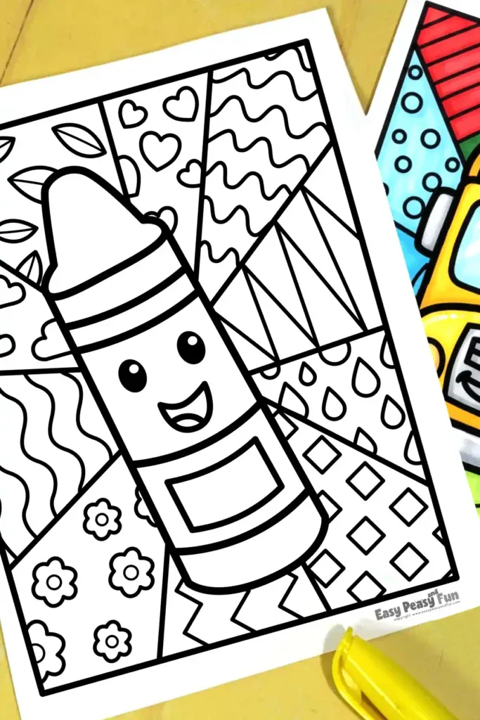 Back to school pop art coloring pages for kids featuring a crayon and a school bus.