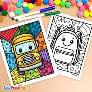 Back to school pop art coloring sheets featuring a colored school bus and an uncolored backpack surrounded by markers and pom poms.