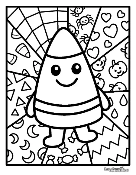 A cute candy corn character standing in the center of a radiating patterned background.