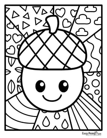 Cute smiling acorn with checkered cap and patterned background triangles.