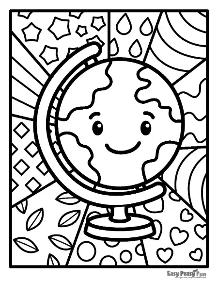 A cute cartoon globe on a stand with a happy face, surrounded by background segments showing stars, raindrops, diagonal stripes, and love hearts.