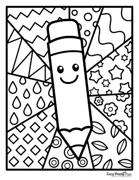 A cute cartoon pencil with a smiling face standing vertically, set against a background of zig zags, polka dots, stars, flowers, and geometric squares.