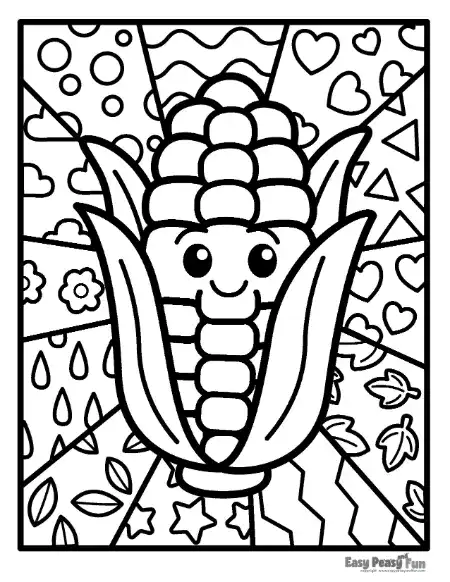 Smiling corn cob with husks against radiating patterned sections.