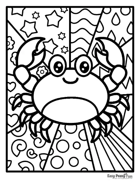 Black and white illustration of a small crab with big round eyes and claws raised, framed by diagonal geometric sections featuring hearts, spirals, and polka dots.