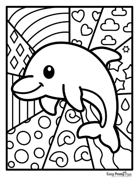 Black and white outline of a leaping dolphin with a curved snout, positioned against a backdrop of angled panels filled with rainbows, clouds, and bubbles.