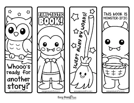 Four side-by-side vertical bookmark designs featuring an owl, a vampire, a flying broomstick, and a monster.