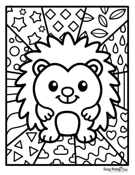 A smiling hedgehog pop art outline centered in a patterned background on a coloring page.